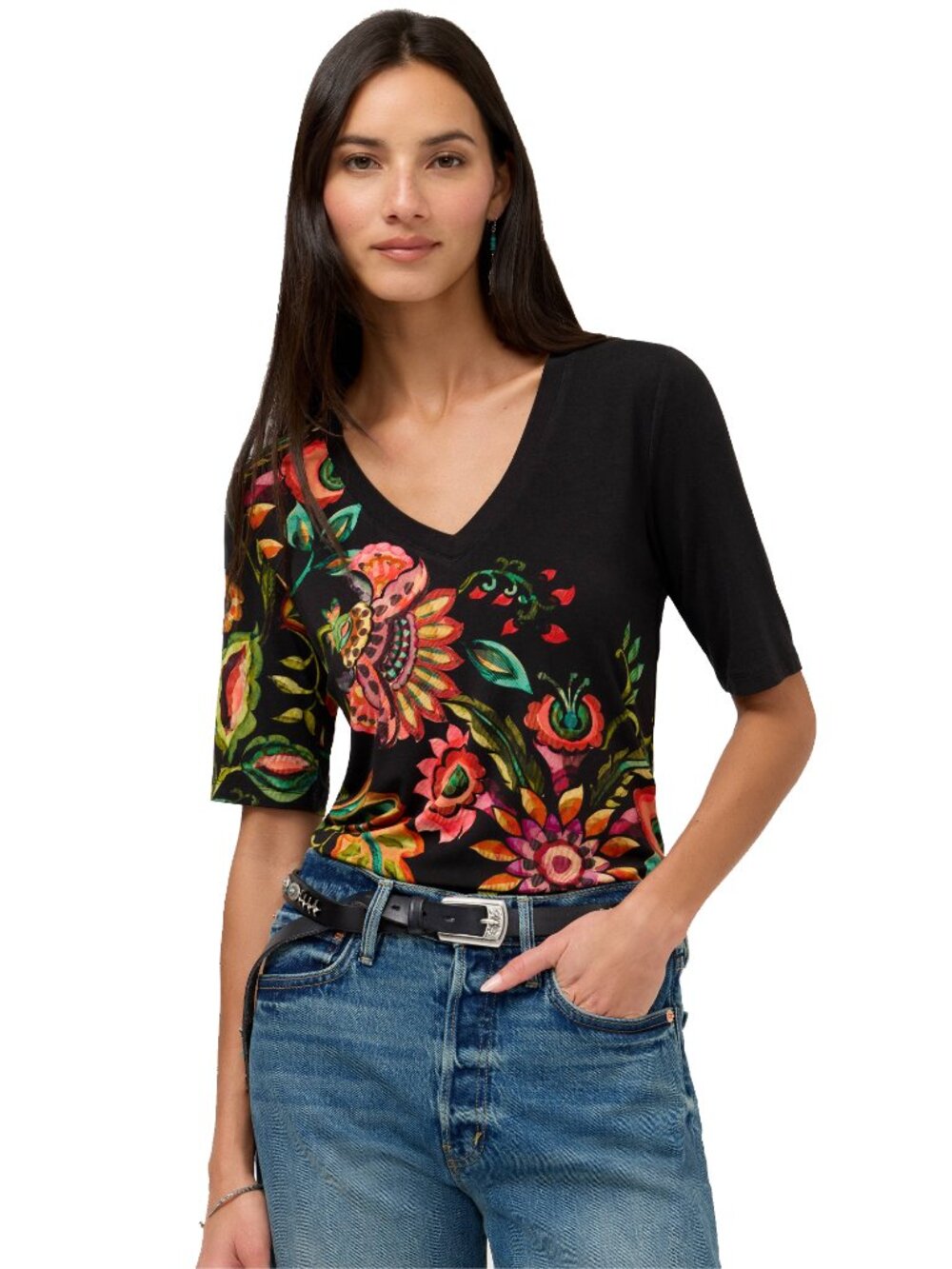 Johnny Was Janie Valley Of The Fleurs Black Short Fitted Tee Floral Shirt Top NW
